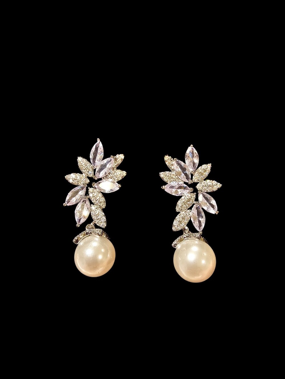 Pearl Drop Crystal Floral Earrings - White Pearl